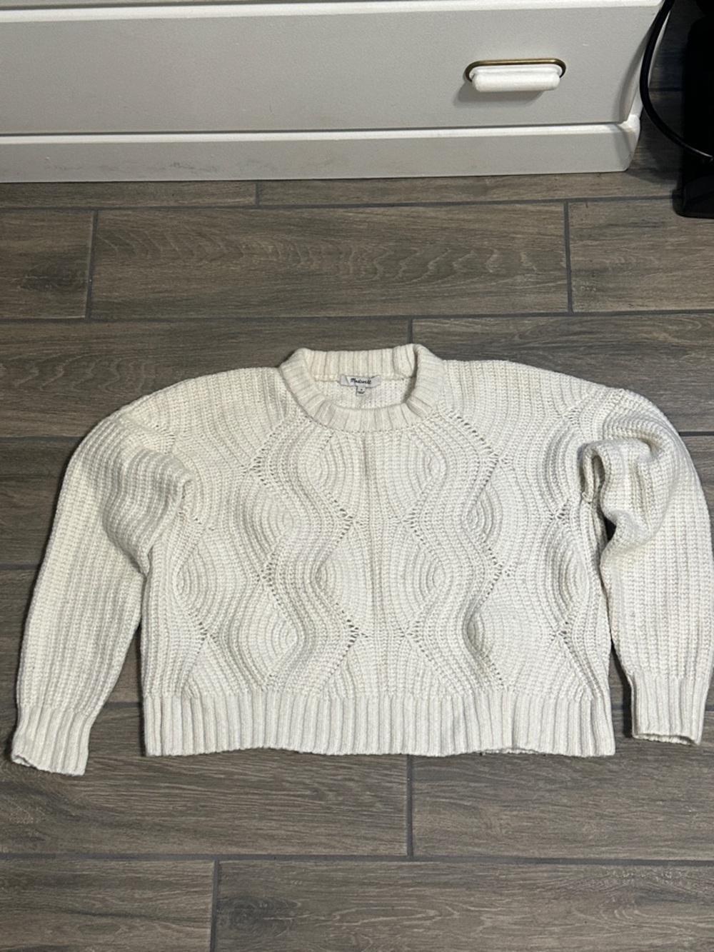 Madewell Cream Cable Knit Crop Wool Blend Crewneck Sweater. Size Small